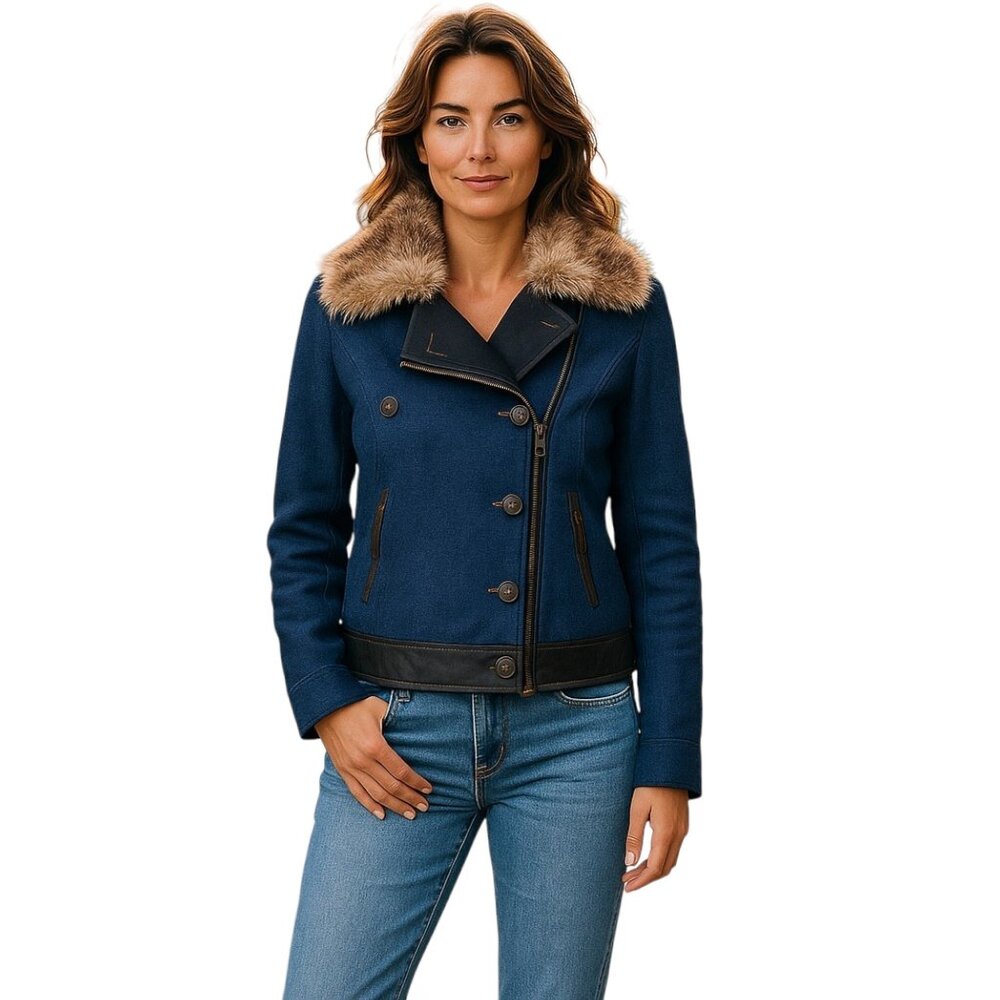 Veronica Beard Jacket Blue Black Lambskin Leather Removable Fur Collar 4
